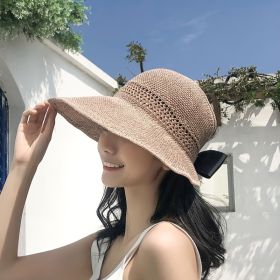 1Pc Spring And Summer Sun Hat Female Roll Roll Empty Top Hat Beach Big Eaves Sunscreen Hat Summer Hat Folding Shade Fisherman's Hat (Color: 1pc Khaki)