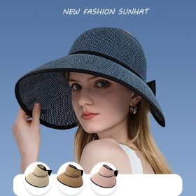 Foldable Empty Top Sun Cap; Summer Outdoor Sunscreen Wide Brim Beach Straw Hat With Bowknot Decor (Color: Khaki)